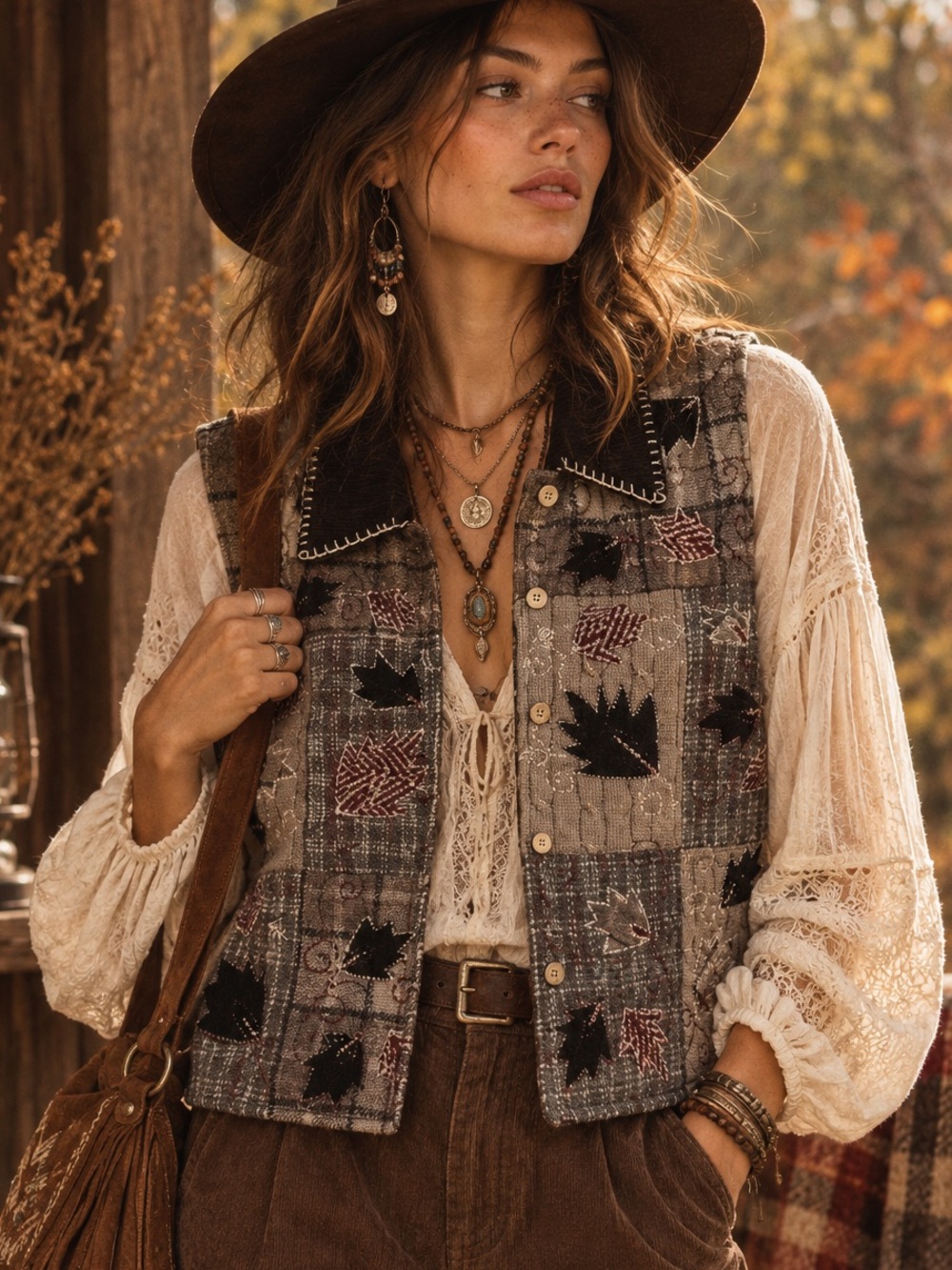 DressBarn Womens Large Patchwork Vest Plaid Leaf Cable Knit Beaded Fall Cabin